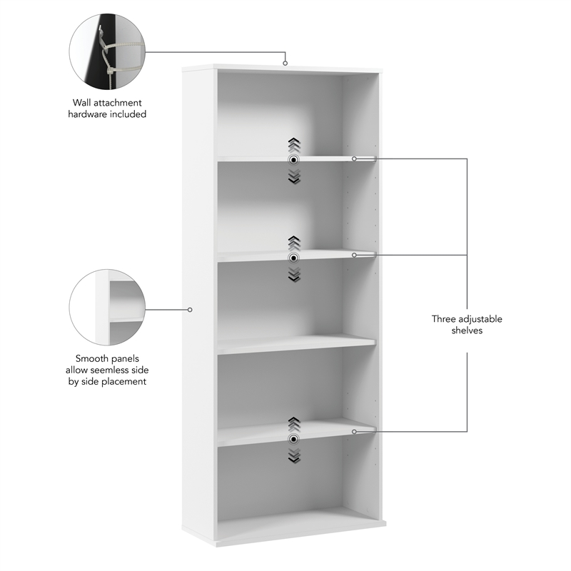 Pemberly Row Tall 5 Shelf Bookcase in White - Engineered Wood