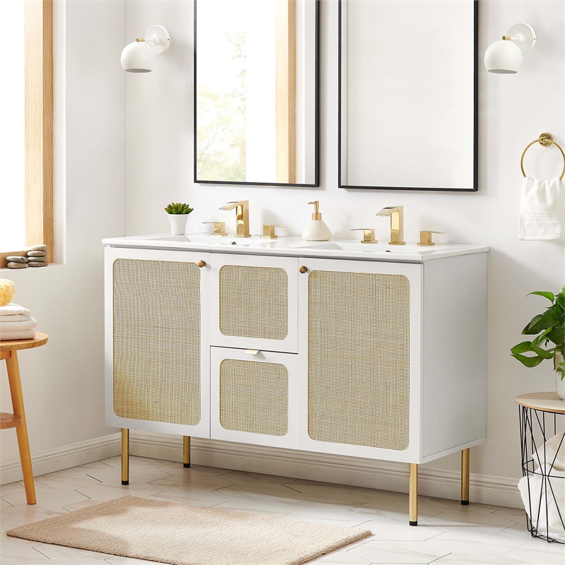 Pemberley Row Wood and Metal White Bathroom Vanity Rectangular Adjustable Shelves 48