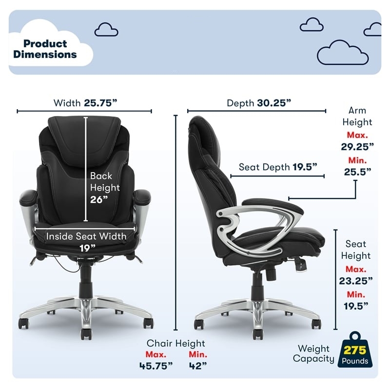 Pemberly Row Office Chair Patented AIR Lumbar Technology Leather Black