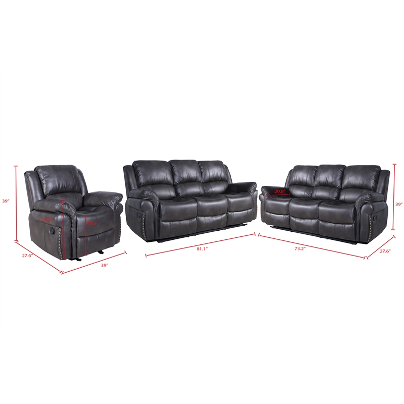 Pemberly Row 3-Piece Living Room Set Faux Leather Sofa Set in Gray