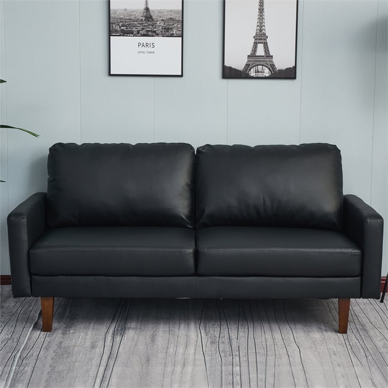 Pemberly Row Faux Leather Sofa Mid-Century Couch for Living Room/Office-Black