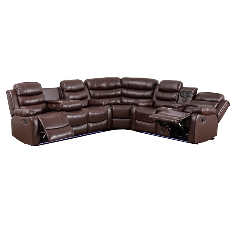 Pemberley Row Vegan Leather Brown Reclining Sectional Rectangular USB Power Sound System Unassembled