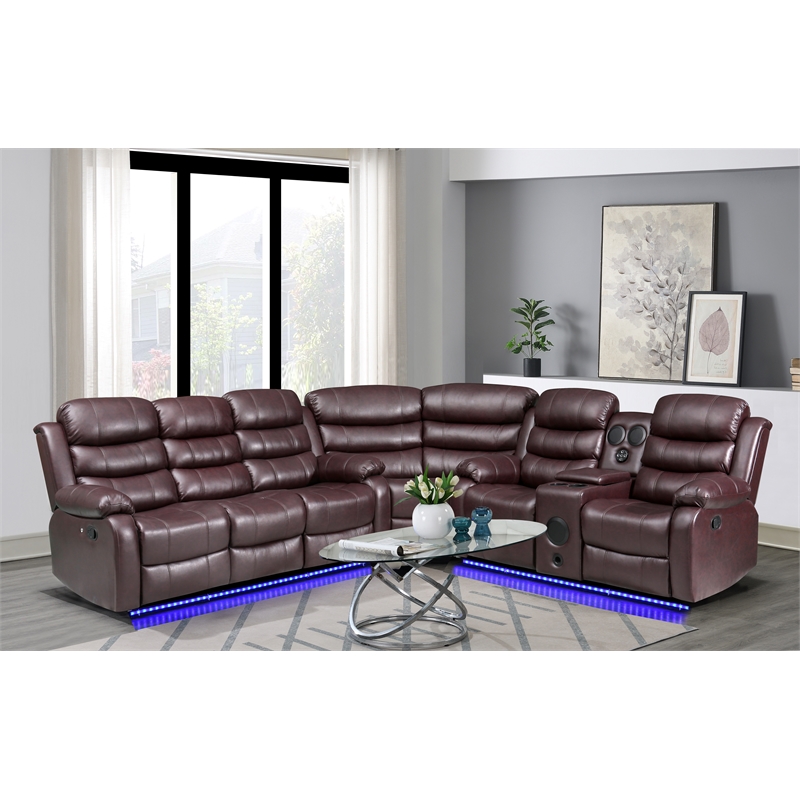 Pemberley Row Vegan Leather Brown Reclining Sectional Rectangular USB Power Sound System Unassembled