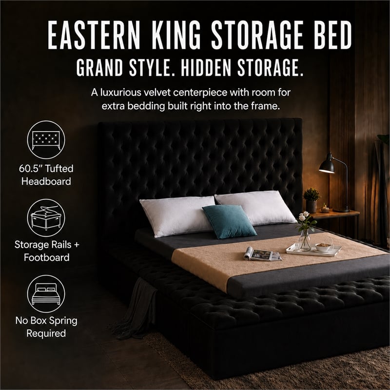 Pemberly Row Modern Solid Wood Tufted Velvet King Bed in Black