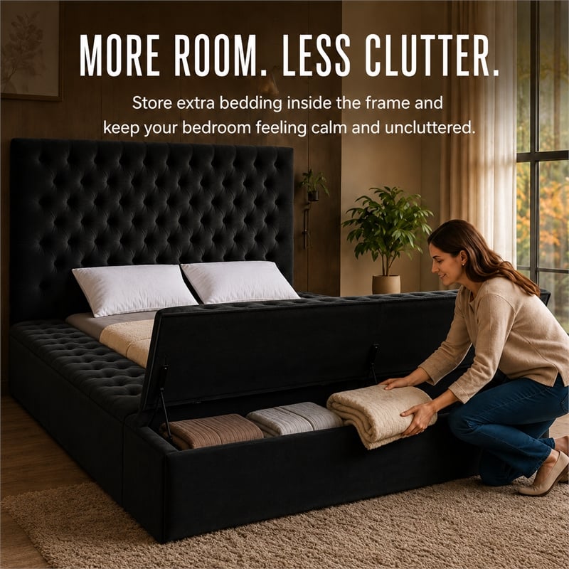 Pemberly Row Modern Solid Wood Tufted Velvet King Bed in Black