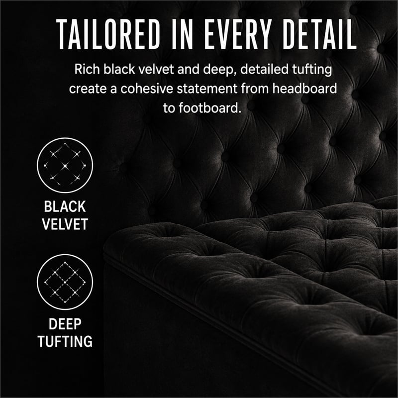 Pemberly Row Modern Solid Wood Tufted Velvet King Bed in Black