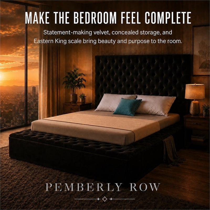 Pemberly Row Modern Solid Wood Tufted Velvet King Bed in Black