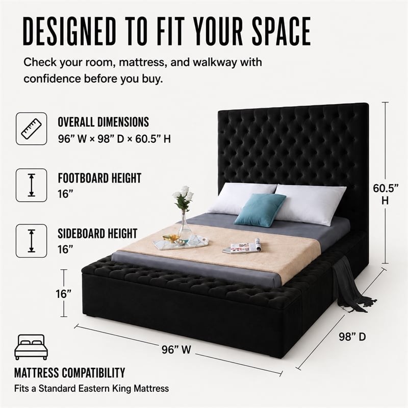 Pemberly Row Modern Solid Wood Tufted Velvet King Bed in Black