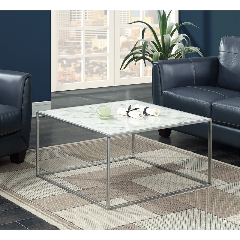 Pemberly Row Modern Faux Marble Coffee Table in Silver Metal Frame