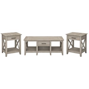 Pemberly Row Coffee Table with Set of 2 End Tables in Washed Gray