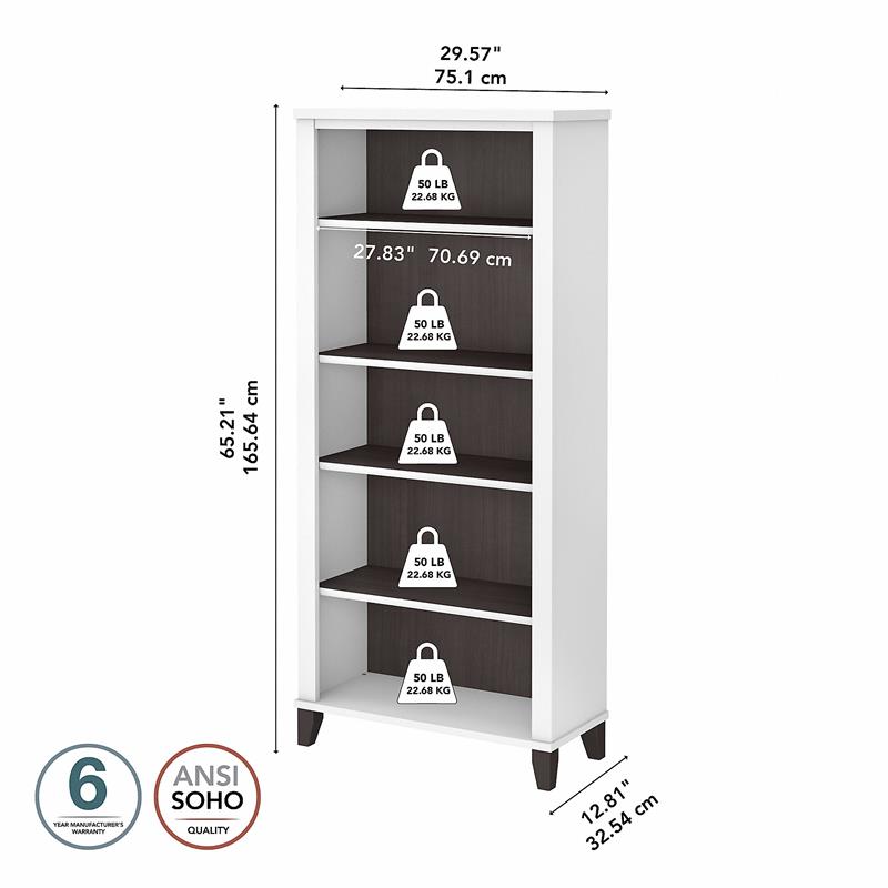 Pemberly Row Tall 5 Shelf Bookcase in White and Storm Gray - Engineered Wood