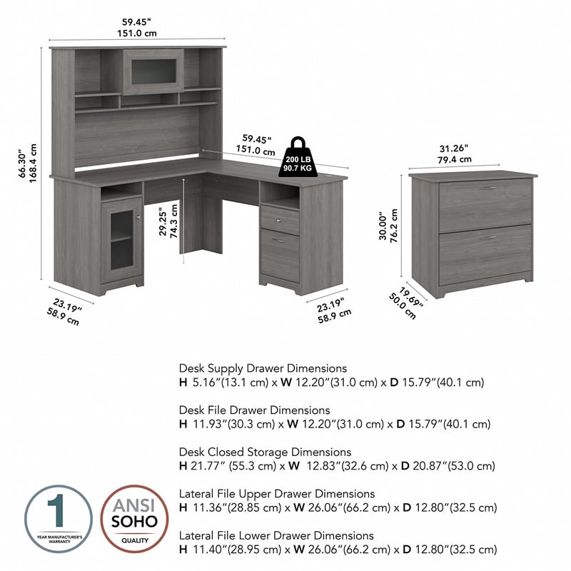 Pemberly Row L Desk with Hutch and File Cabinet in Modern Gray - Engineered Wood