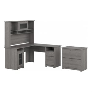 Pemberly Row L Desk with Hutch and File Cabinet in Modern Gray - Engineered Wood