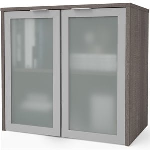 Pemberly Row 2 Frosted Glass Door 30&quot Wooden Desk Hutch in Bark Gray