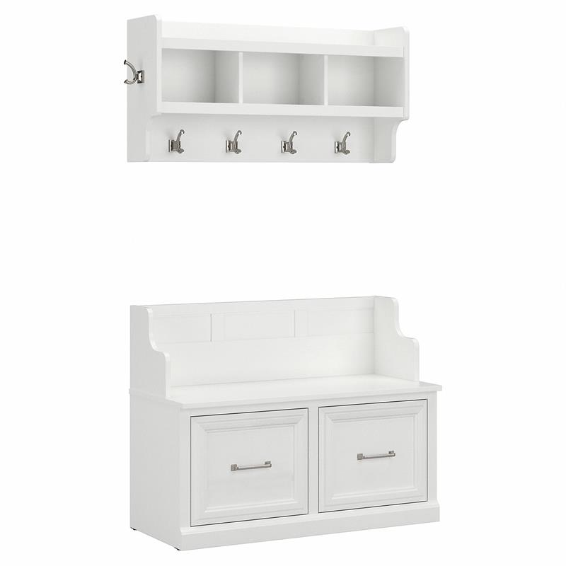 Pemberly Row Entryway Bench with Doors and Wall Shelf in White Ash - Wood