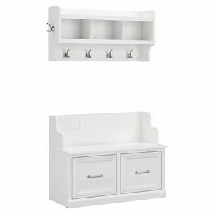 Pemberly Row Entryway Bench with Doors and Wall Shelf in White Ash - Wood