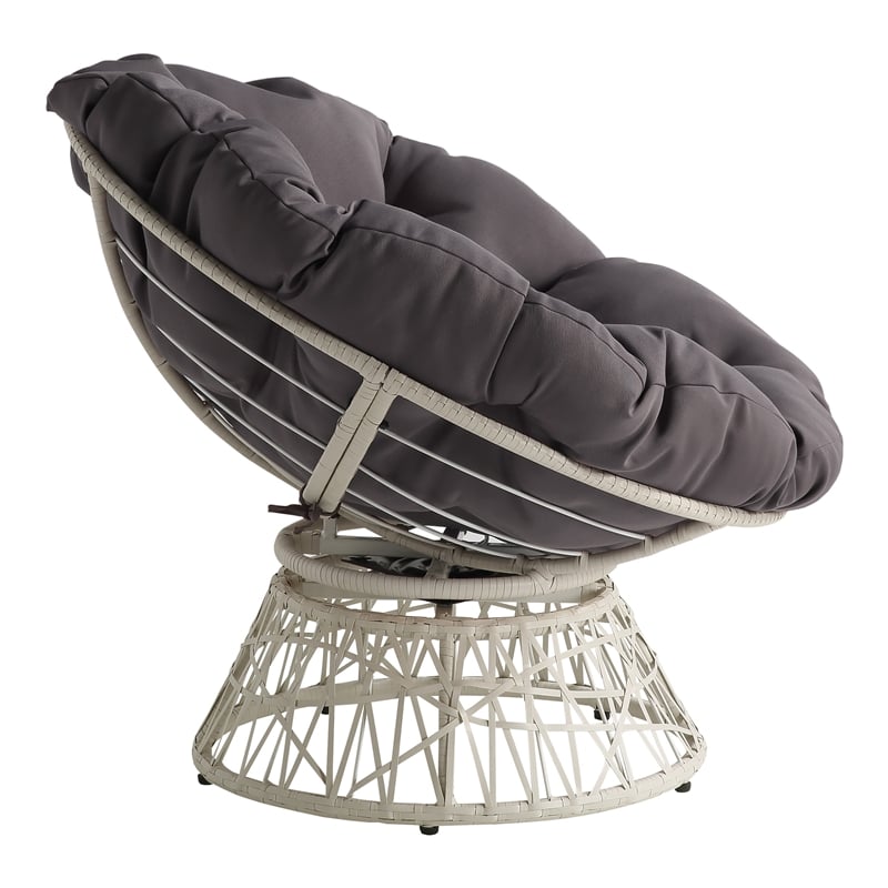 Pemberly Row Chair with Gray Round Fabric Pillow Cushion and Cream Wicker Weave