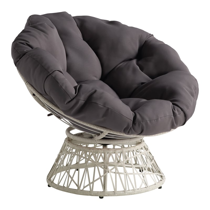 Pemberly Row Chair with Gray Round Fabric Pillow Cushion and Cream Wicker Weave