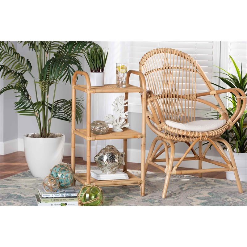 Pemberly Row Modern Bohemian Brown Finished Rattan 3-Tier Display Shelf