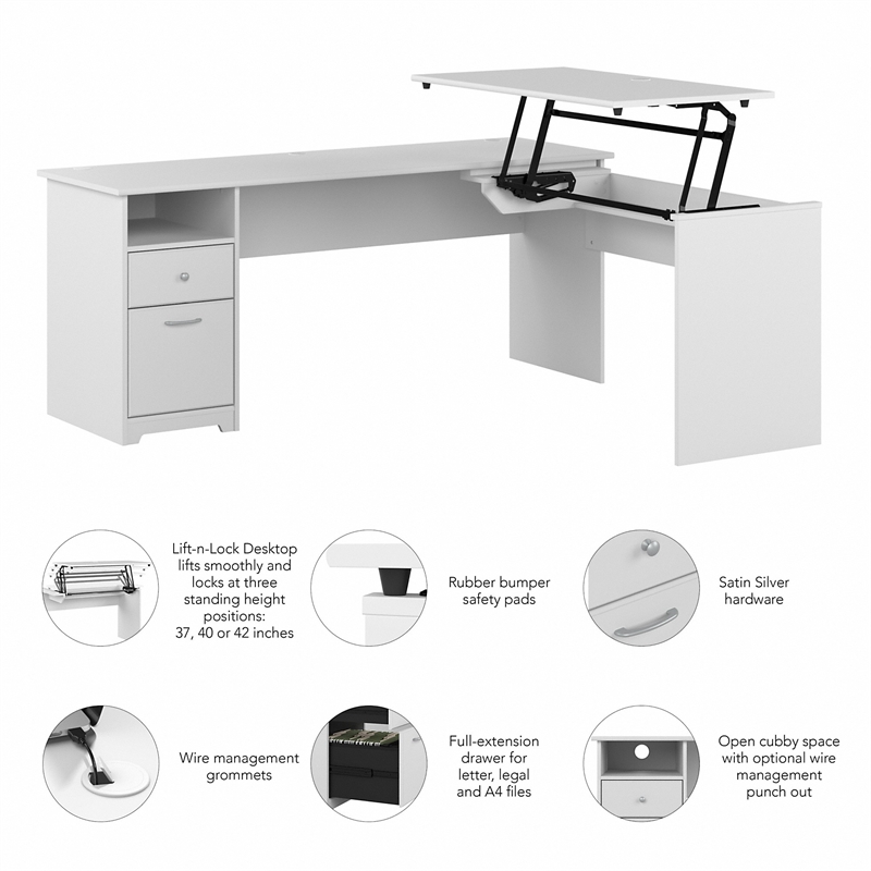 Pemberly Row 60W 3 Position L Shaped Sit Stand Desk in White - Engineered Wood
