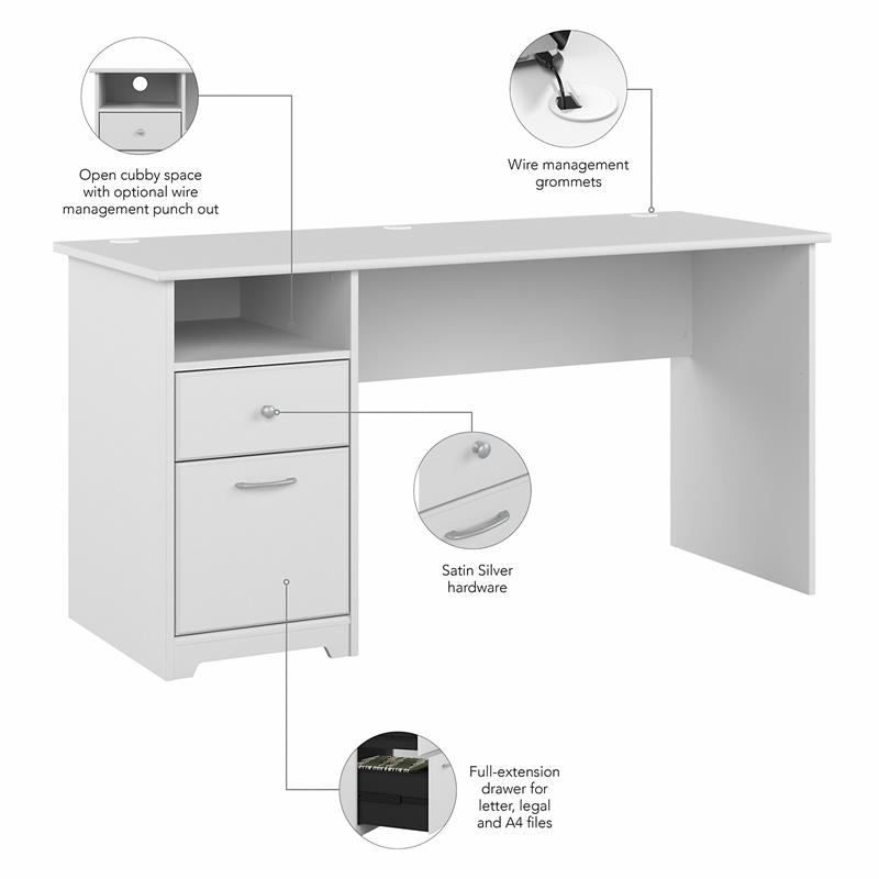 Pemberly Row 60W Computer Desk with Drawers in White - Engineered Wood