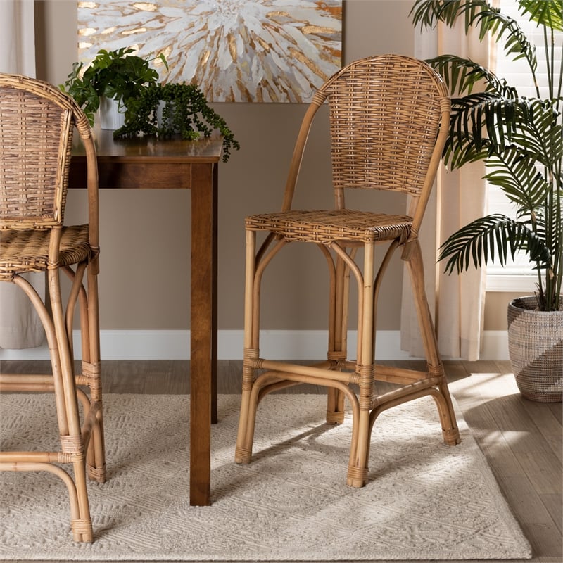 Pemberly Row Modern / Contemporary Bohemian Natural Rattan Bar Stool