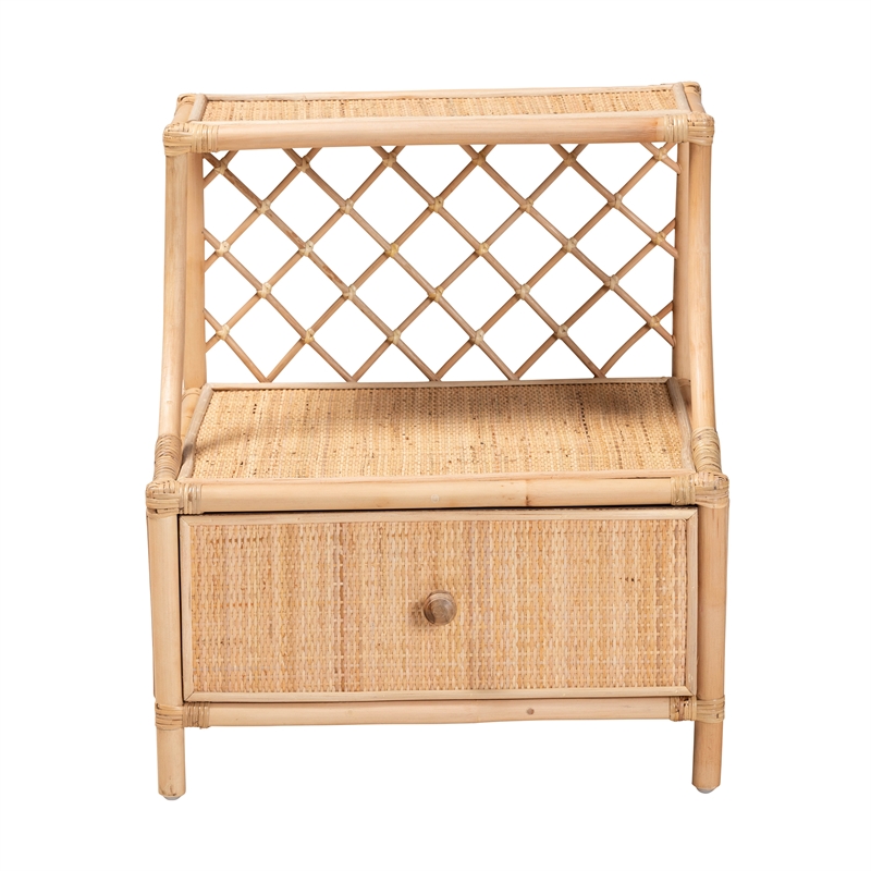 Pemberly Row Modern Bohemian Natural Brown Rattan 1-Drawer Nightstand