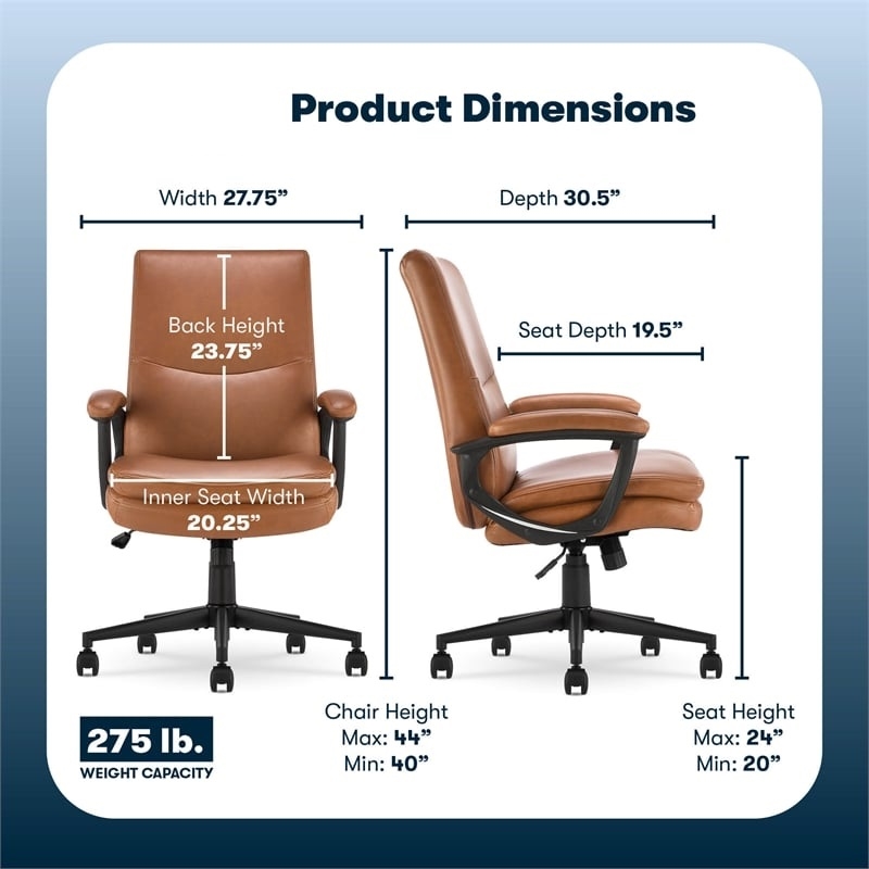 Pemberly Row Modern Executive Office Chair Metal Base Bonded Leather Cognac