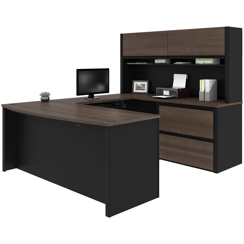 Pemberly Row 6 Piece U Shaped Computer Desk with Hutch in Antigua and Black