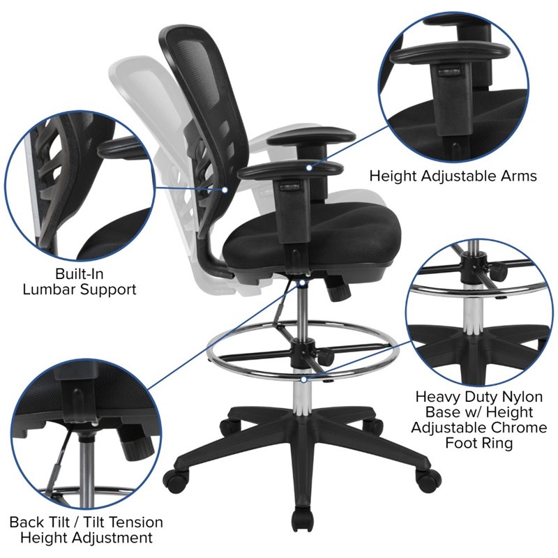 Pemberly Row Contemporary Mid Back Mesh Drafting Stool in Black