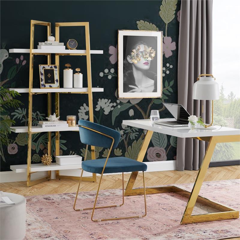 Pemberly Row Modern Stainless Steel Base Writing Desk in White/Gold