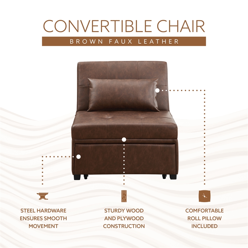Pemberly Row Upholstered Faux Leather Convertible Chair to Sofa Bed in Brown