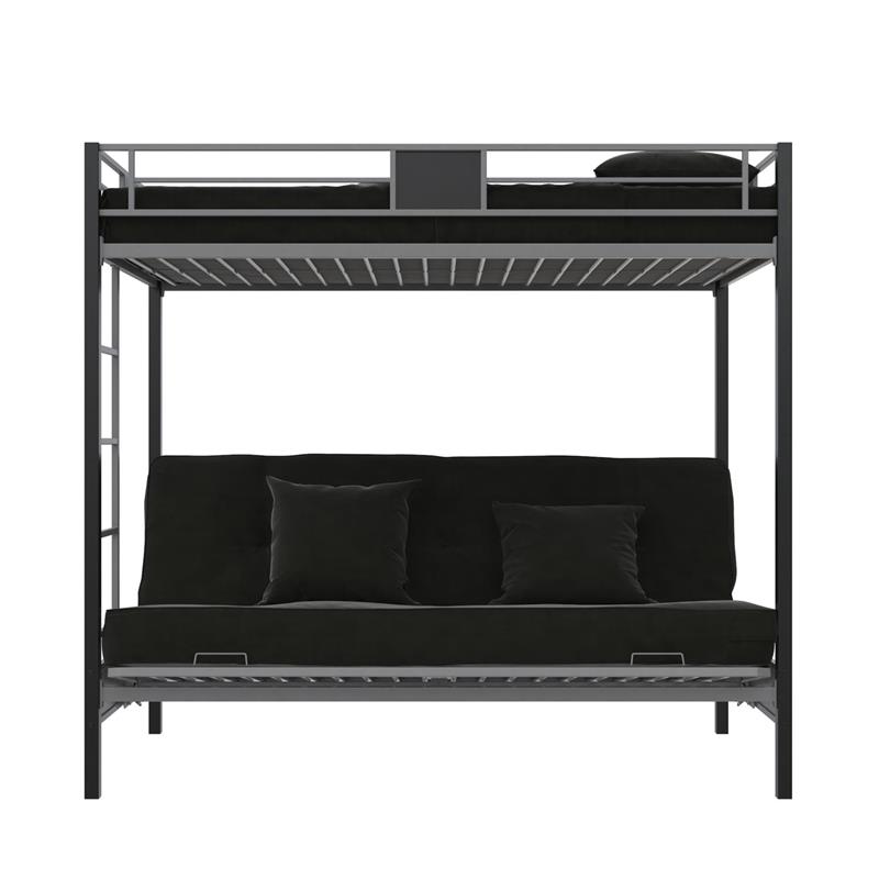 Pemberly Row Silver Screen Twin over Futon Metal Bunk Bed in Silver/Black