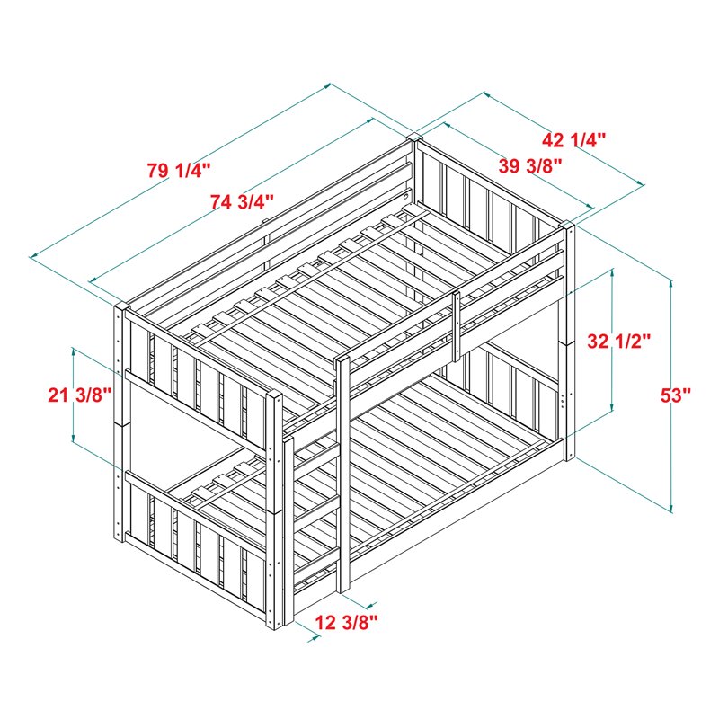 Pemberly Row Twin over Twin Wood Stackable Slat Bunk Bed in White