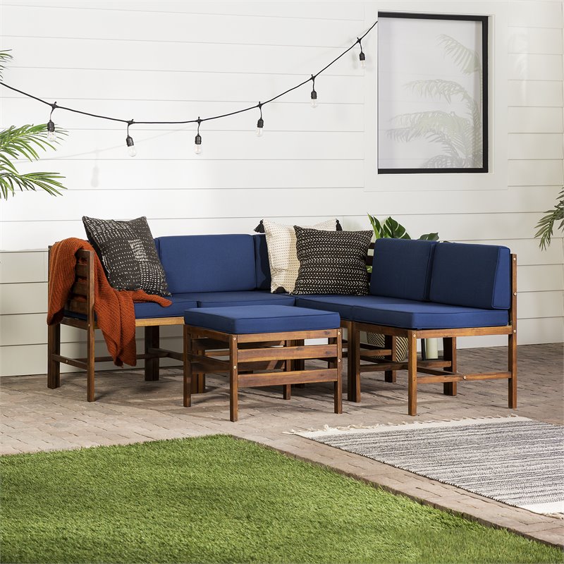 Pemberly Row 6PC Solid Wood Modular Sofa Set in Dark Brown/Navy Blue