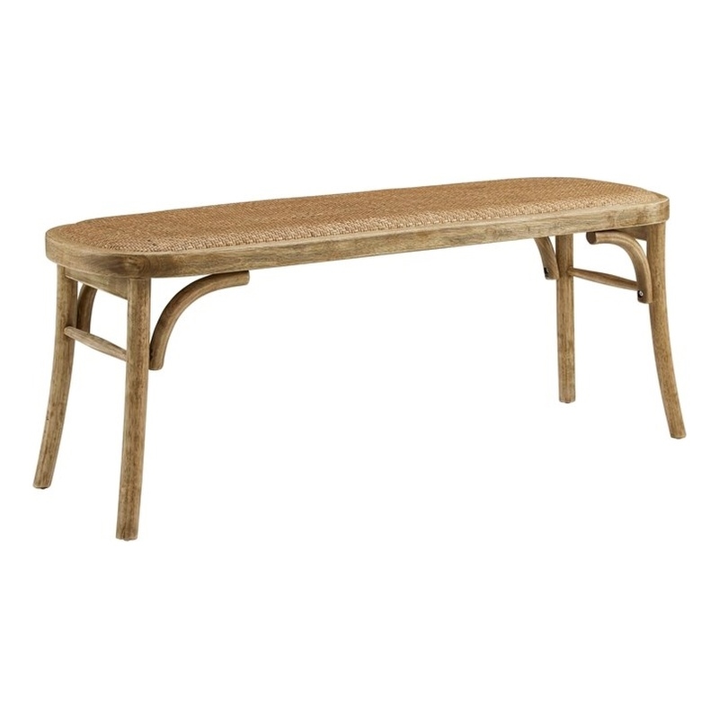 Pemberly Row Modern Bench with Natural Rattan Seat in Rustic Brown