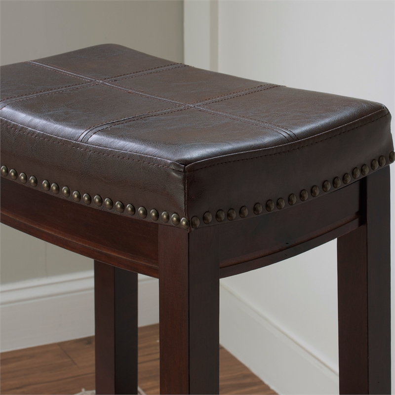 Pemberly Row Wood Set of 2 Bar Stools Brown Faux Leather Seats in Brown Finish