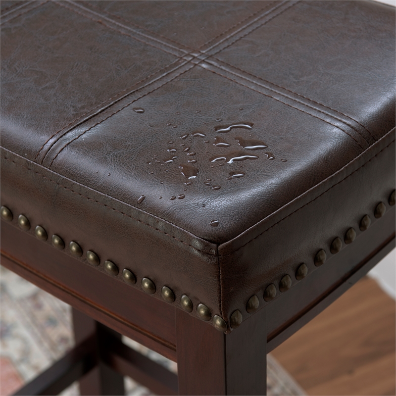 Pemberly Row Wood Set of 2 Bar Stools Brown Faux Leather Seats in Brown Finish