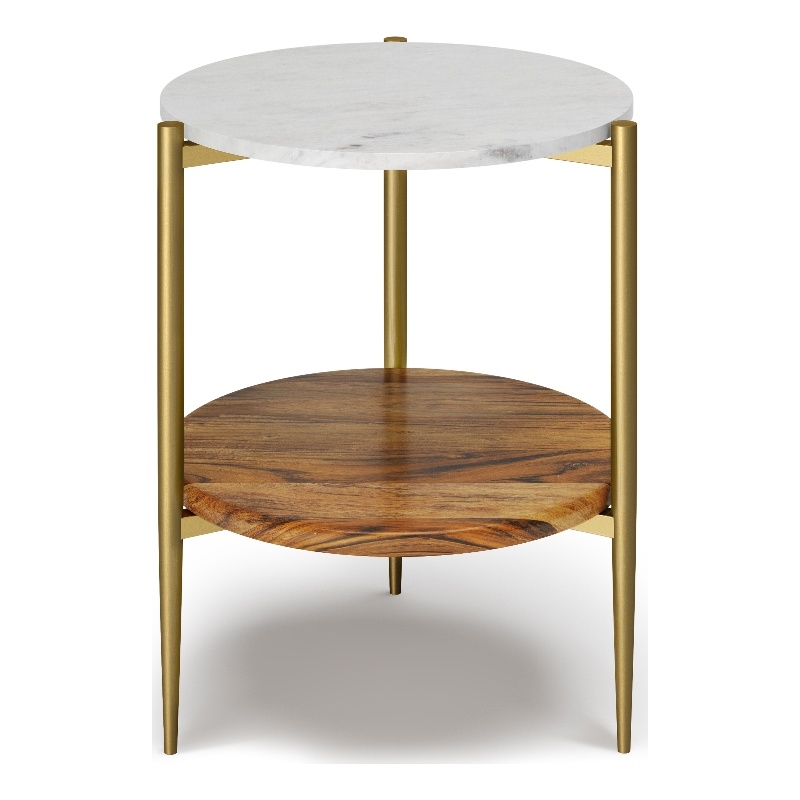 Pemberly Row 18 inch Wide Metal Round Marble & Wood Side Table in White/Natural