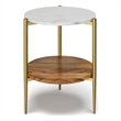 Pemberly Row 18 inch Wide Metal Round Marble & Wood Side Table in White/Natural