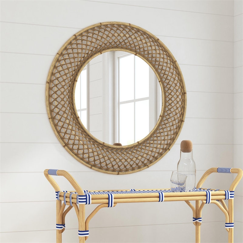 Pemberly Row Wicker/Rattan Engineered Wood Wall Mirror in Brown