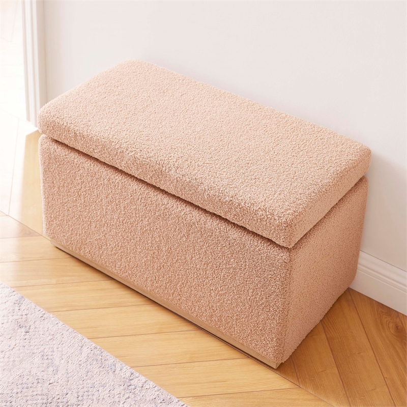 Pemberly Row Contemporary Rectangle Sherpa Storage Ottoman in Tan