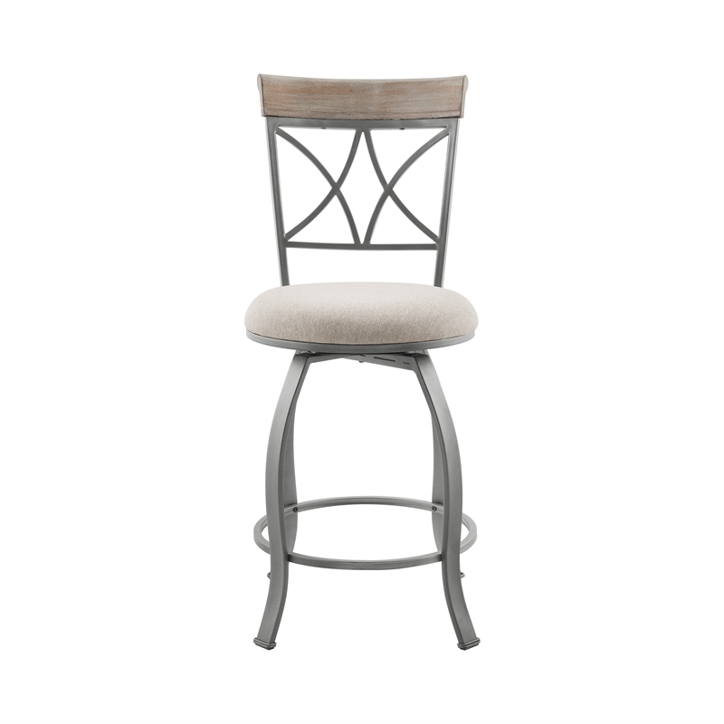 Pemberly Row Metal Swivel Counter Stool Padded Beige Seat in Matte Pewter