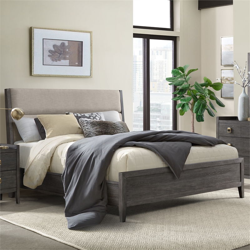 Pemberly Row Bedroom King Bed with Upholstered Headboard in Gray