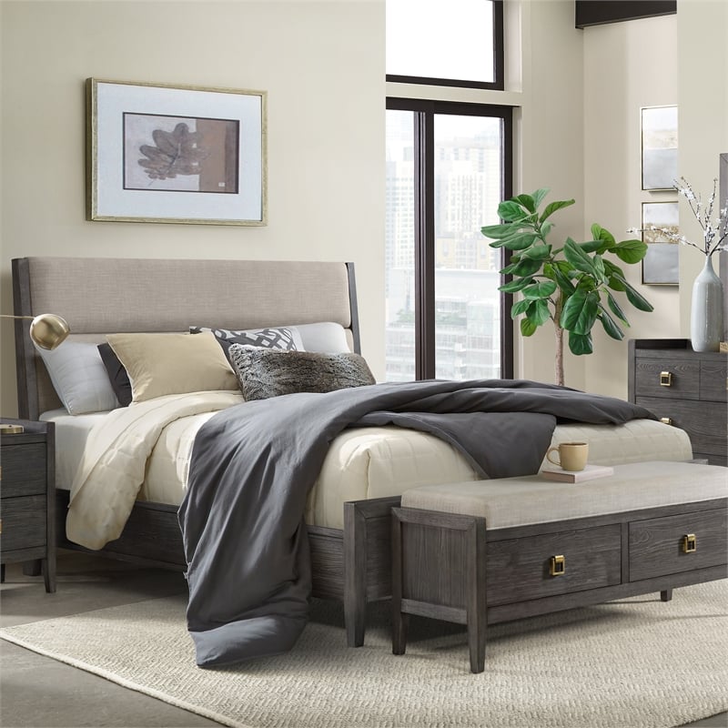 Pemberly Row Bedroom King Bed with Upholstered Headboard in Gray