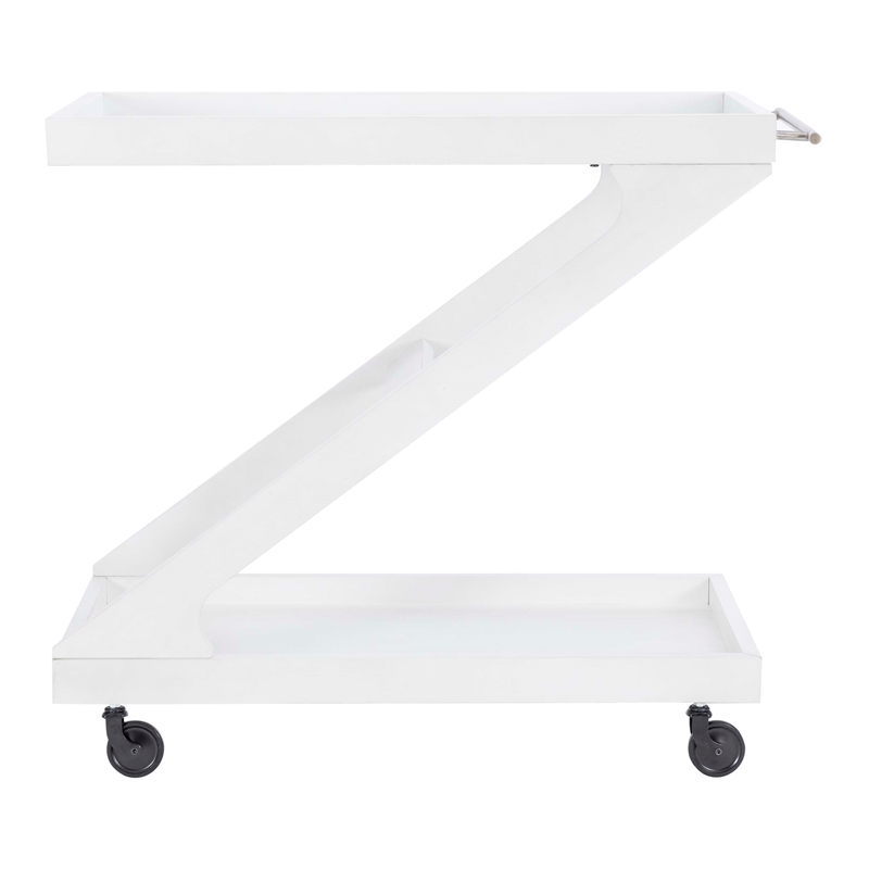 Pemberly Row Wood Z Shaped Rolling Bar Cart with Glass Top in White