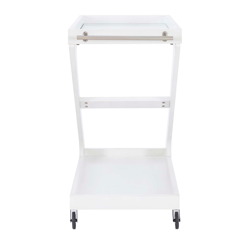 Pemberly Row Wood Z Shaped Rolling Bar Cart with Glass Top in White