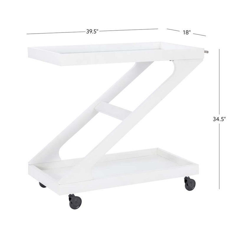 Pemberly Row Wood Z Shaped Rolling Bar Cart with Glass Top in White