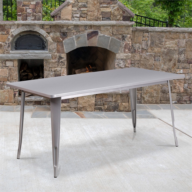 Pemberley Row Metal Silver Dining Table Rectangular Indoor-Outdoor 63