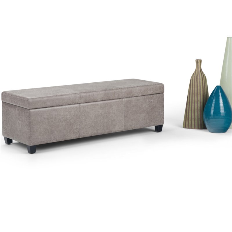 Pemberly Row Faux Leather Distressed Gray Taupe Ottoman Bench Rectangular Storage 48